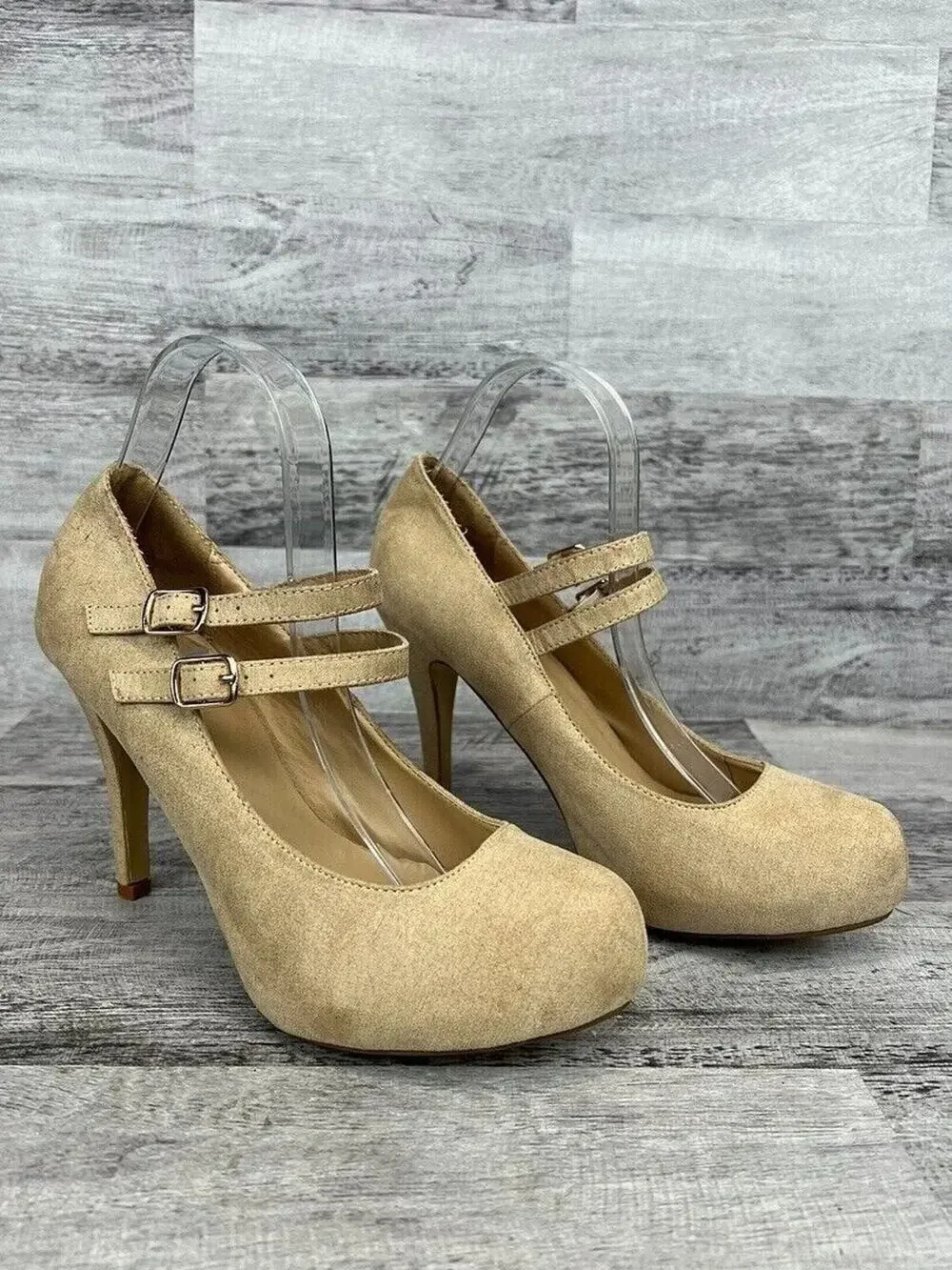Just Fab Womens Beige Faux Suede Double Strap Heels Size 9